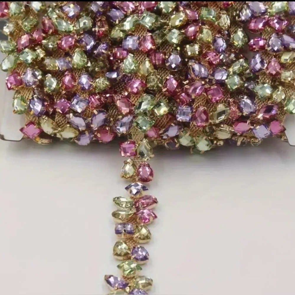1 Yard Pink, Green & Purple Rhinestone Appliqué Trim for Crafts, Clothes, New